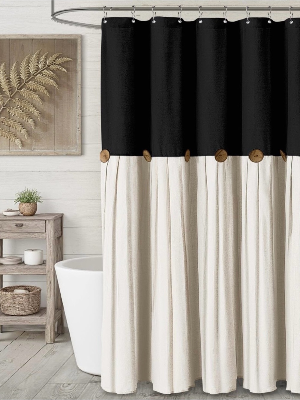 Black and Cream Two-Tone Shower Curtain with Decorative Buttons